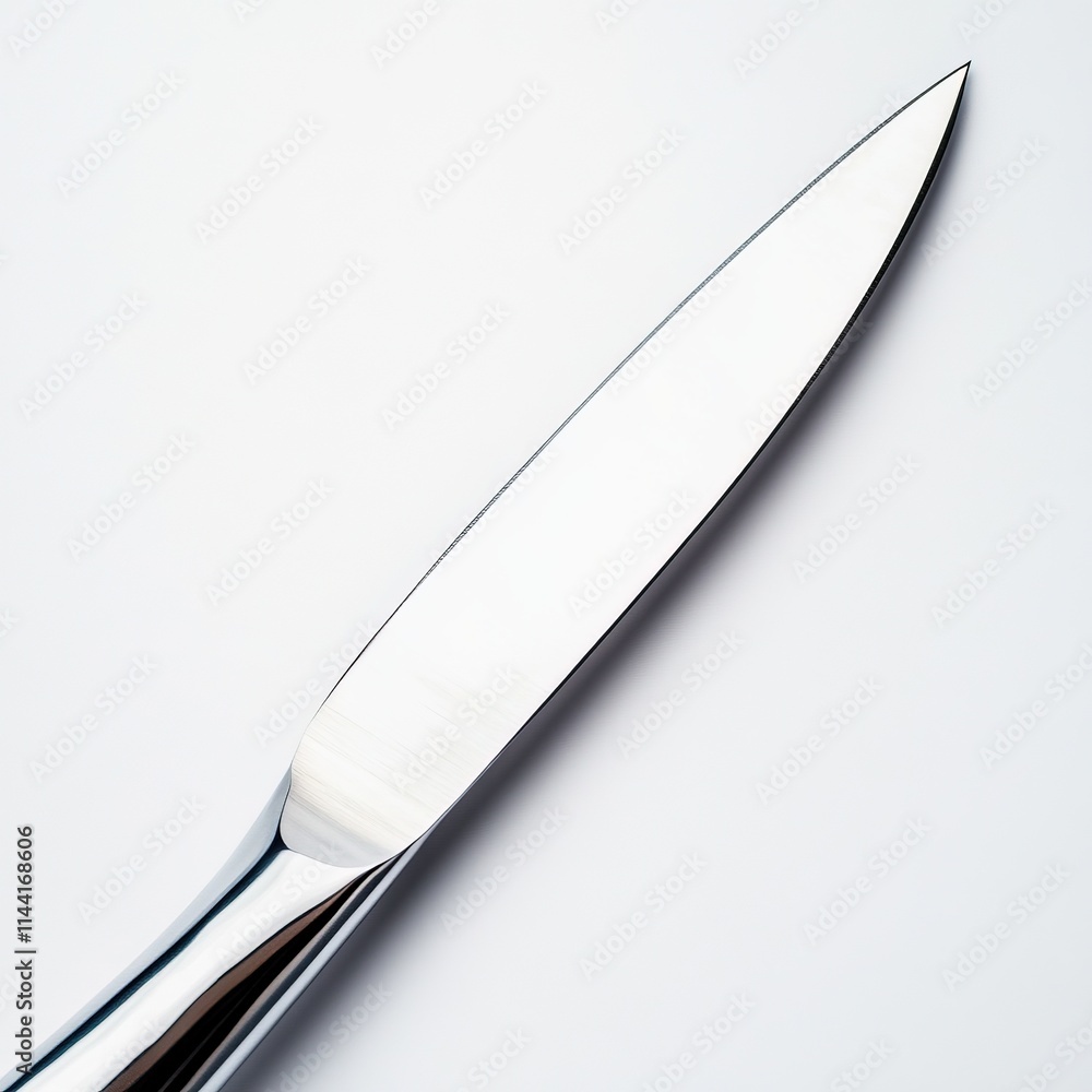 Close-up of a sharp, shiny, silver knife blade on white background. Close-up of a sharp, shiny, silver knife blade on white background.