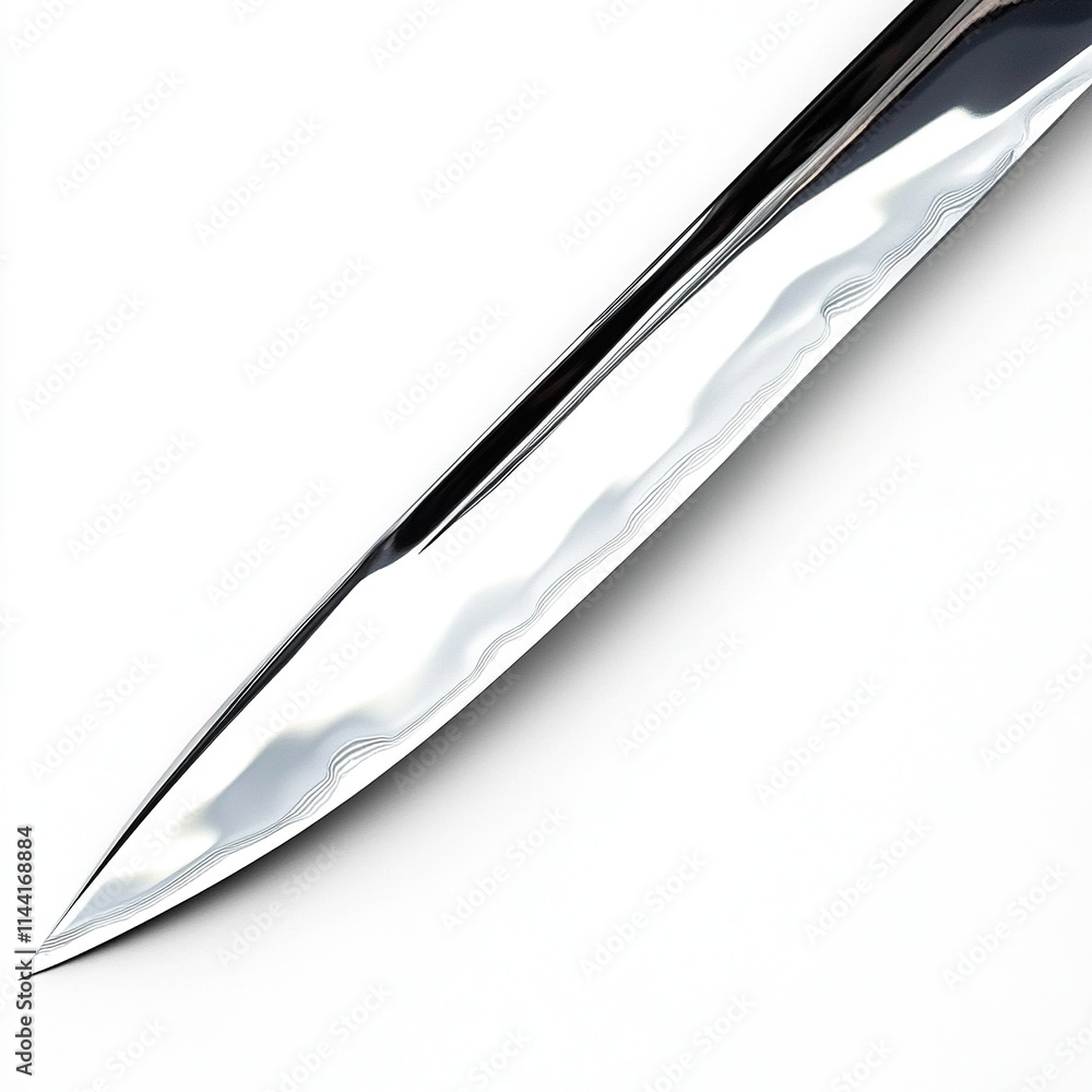Close-up of a sharp, polished knife blade tip against a white background. Close-up of a sharp, polished knife blade tip against a white background.