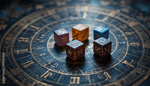 Mystical divination dice placed on an intricate astrological chart