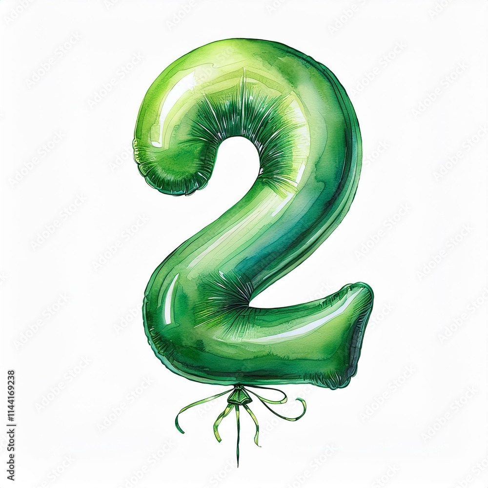 Green birthday / anniversary balloon, number 2, watercolor painting with white background