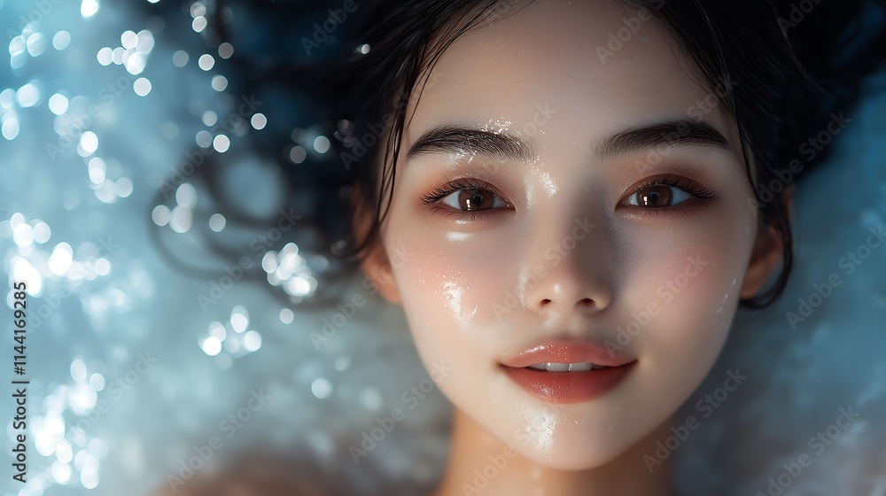 Studio shot from above shows a beautiful Asian woman lying gracefully, with naturally radiant skin. The background is decorated with soft water drops, creating a refreshing beauty. Studio shot from above shows a beautiful Asian woman lying gracefully, with naturally radiant skin. The background is decorated with soft water drops, creating a refreshing beauty.
