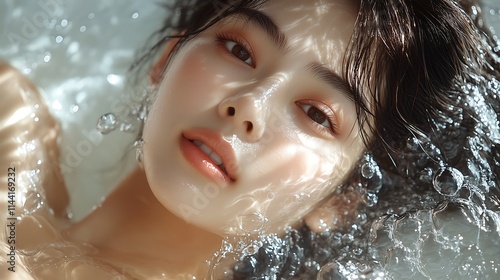 Studio shot from above shows a beautiful Asian woman lying gracefully, with naturally radiant skin. The background is decorated with soft water drops, creating a refreshing beauty.