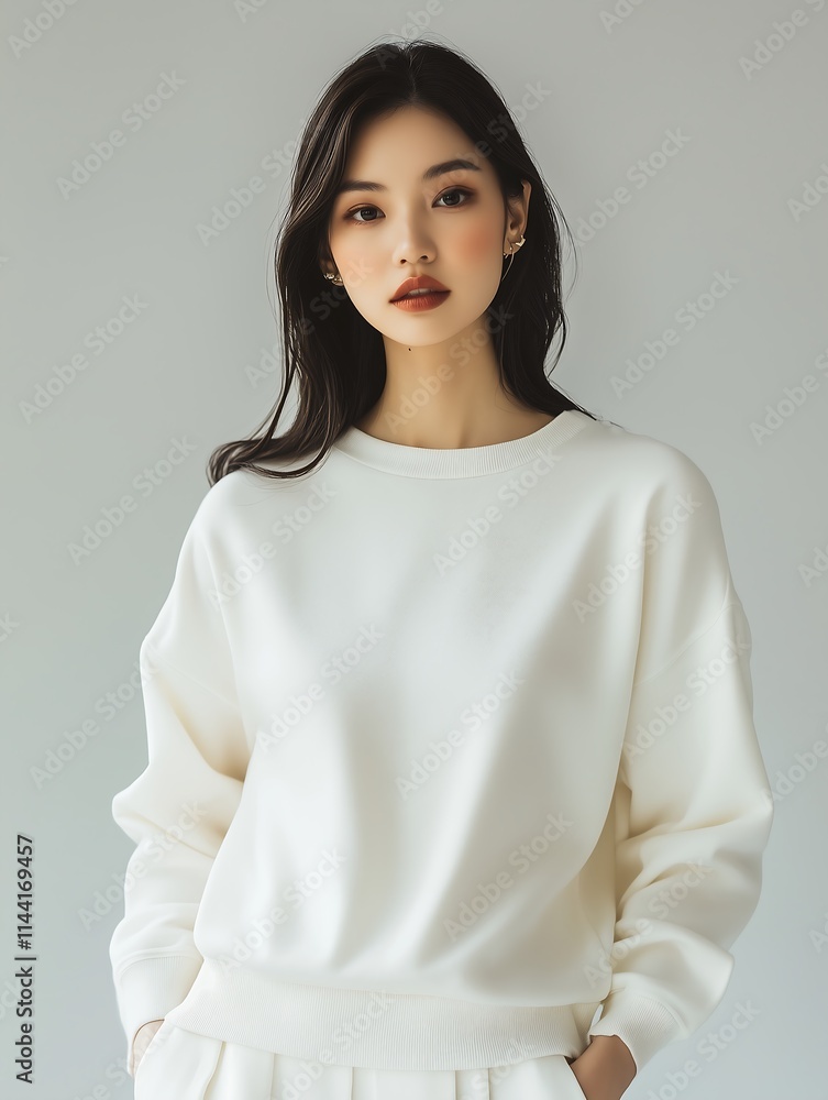 Photo of a beautiful fair-skinned Asian woman wearing a white cotton sweater. She stands confidently in a relaxed pose, emphasizing the simplicity and elegance of the design. Photo of a beautiful fair-skinned Asian woman wearing a white cotton sweater. She stands confidently in a relaxed pose, emphasizing the simplicity and elegance of the design.