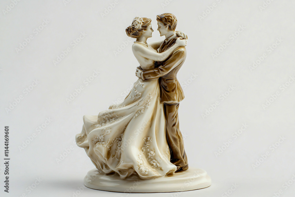 Naklejka premium A wedding cake topper of bride and groom dancing, white background, photography, product shot