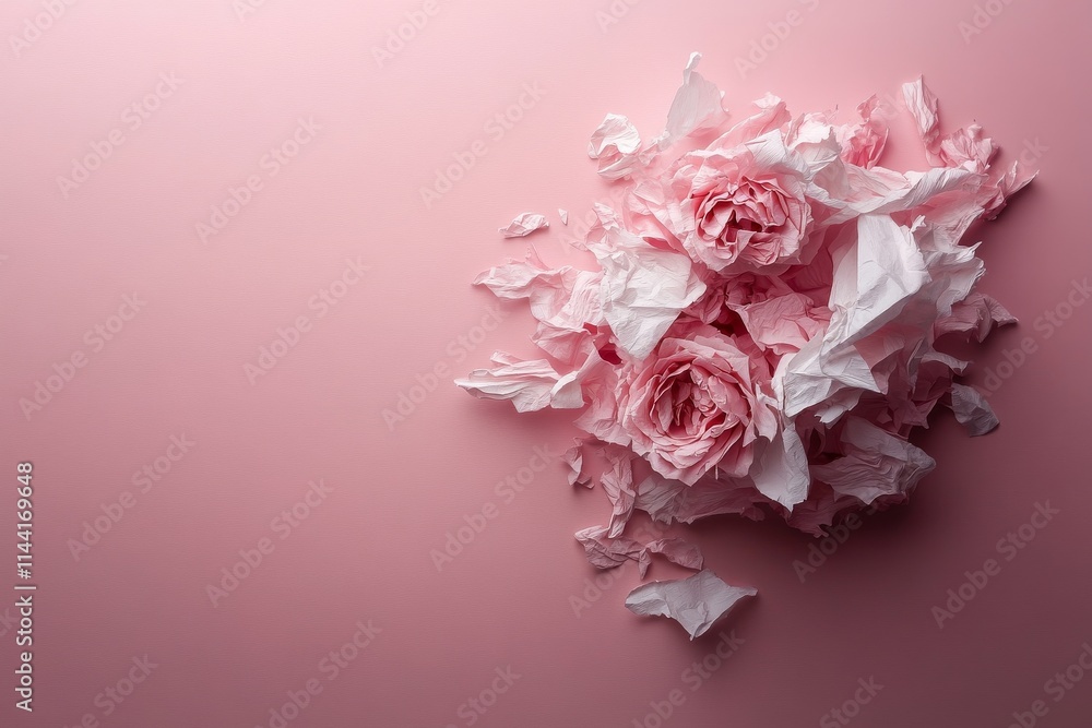 Delicate pink paper roses scattered on a soft pink background create a whimsical and artistic display for creative projects Delicate pink paper roses scattered on a soft pink background create a whimsical and artistic display for creative projects