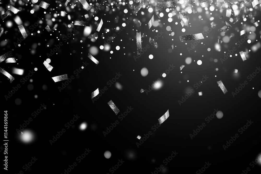 Silver confetti falling, sparkling glitter background. Vector carnival party silver confetti shine on black background Silver confetti falling, sparkling glitter background. Vector carnival party silver confetti shine on black background