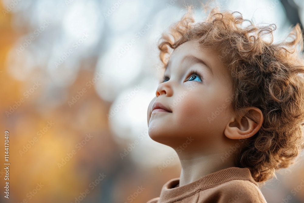 Curious child gazing upward at autumn leaves in a tranquil outdoor setting during golden hour Curious child gazing upward at autumn leaves in a tranquil outdoor setting during golden hour