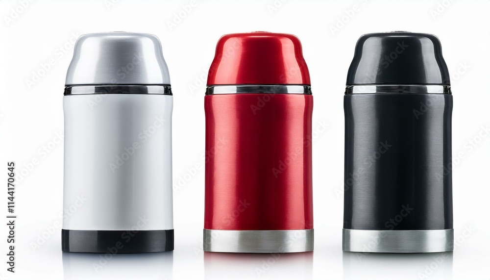 White, Black, Red and Silver Empty Glossy Metal Thermos Water Bottle Isolated on White. Generated image White, Black, Red and Silver Empty Glossy Metal Thermos Water Bottle Isolated on White. Generated image