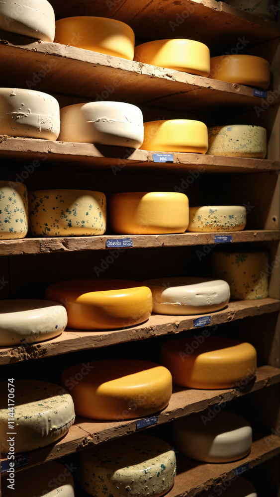 Artisanal Cheese Wheels on Rustic Shelves: Gourmet Food Photography for Culinary Marketing and Restaurant Menus Artisanal Cheese Wheels on Rustic Shelves: Gourmet Food Photography for Culinary Marketing and Restaurant Menus