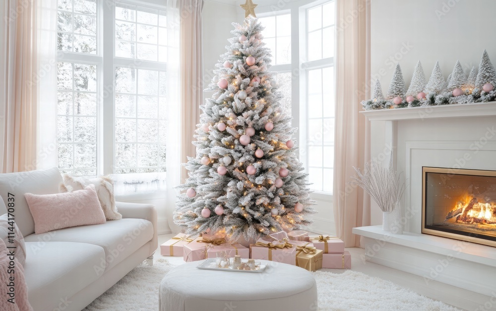 A spacious and airy living room with a frosted Christmas tree decorated with pastel pink and gold ornaments A spacious and airy living room with a frosted Christmas tree decorated with pastel pink and gold ornaments