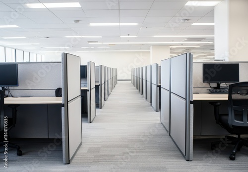 Modern office interior featuring empty cubicles with desks and computer monitors, showcasing a clean and organized workspace design for productivity and efficiency