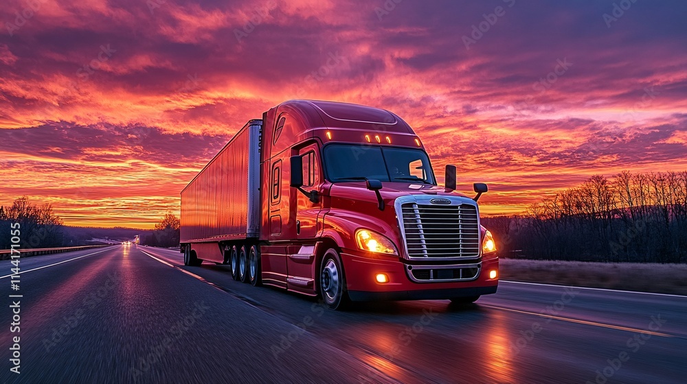 Truck on a fast-moving highway at sunset, delivering goods across the country, capturing the essence of logistics and long-distance transport. Truck on a fast-moving highway at sunset, delivering goods across the country, capturing the essence of logistics and long-distance transport.