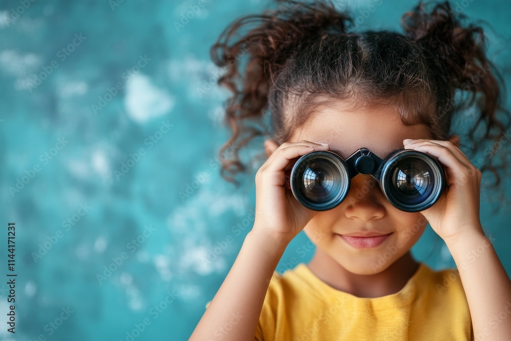 Young child exploring the world through binoculars against a vibrant blue background Young child exploring the world through binoculars against a vibrant blue background