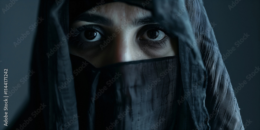 In a thoughtful pose, a woman wearing a hijab gazes directly at the camera In a thoughtful pose, a woman wearing a hijab gazes directly at the camera