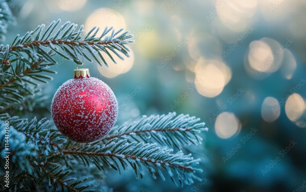 Obraz premium A close-up of frosty fir branches with a shiny red Christmas ornament nestled among the needles, softly glowing