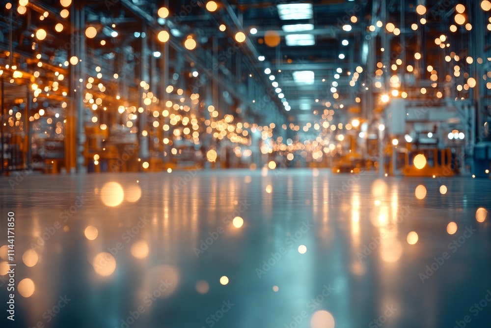 Bokeh lights illuminate an industrial space with a vibrant atmosphere during evening hours