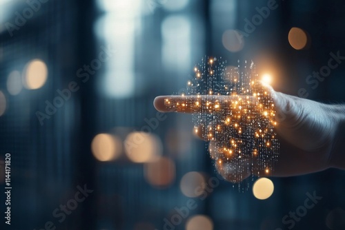 Hand points towards sparkling data visualization in a futuristic digital environment