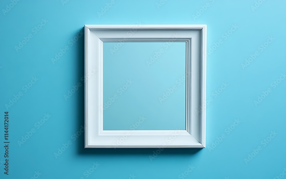 White picture frame on a light blue wall.