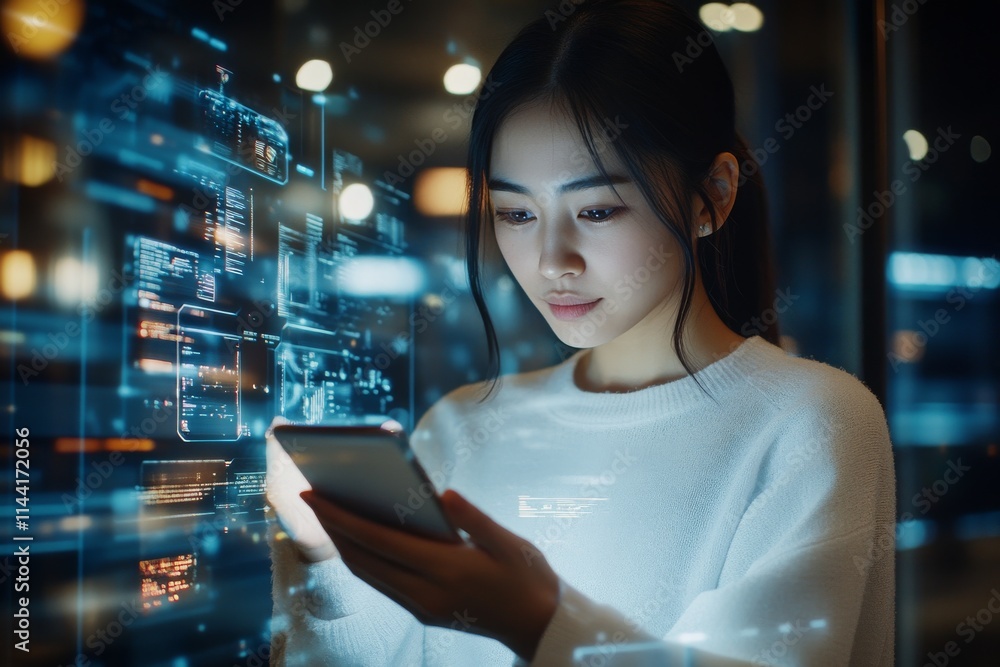 Young woman engaged with smartphone display while surrounded by digital data in a modern environment Young woman engaged with smartphone display while surrounded by digital data in a modern environment