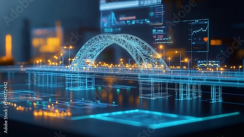 Futuristic city bridge digital model on screen.