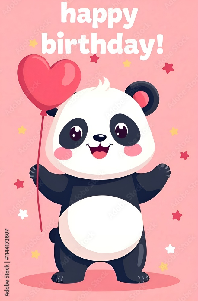A cute panda bear is joyfully holding a vibrant pink heart shaped balloon