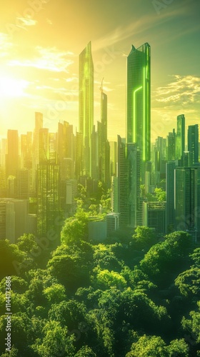 Futuristic green city glowing under vibrant sunlight, symbolic depiction of sustainability, realistic depiction, isolated with a clean gradient background.