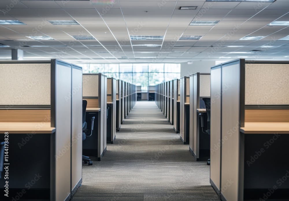 Modern Office Layout Featuring Rows of Empty Cubicles with Natural Light Streaming Through Large Windows in a Contemporary Workspace Environment Modern Office Layout Featuring Rows of Empty Cubicles with Natural Light Streaming Through Large Windows in a Contemporary Workspace Environment