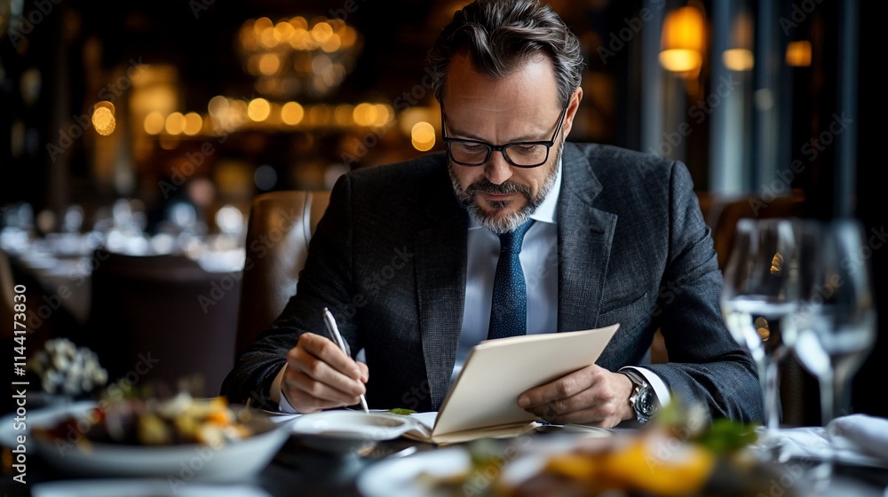 A man in a suit reviews a menu in an elegant restaurant setting. A man in a suit reviews a menu in an elegant restaurant setting.