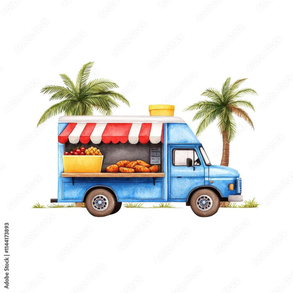 Fototapeta premium Bright Watercolor Food Truck with Tropical Vibes
