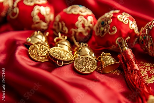 Close-Up of Golden Chinese New Year Ornament with Radiant Artistic Craftsmanship. photo