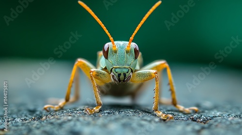 Close-up of a vibrant green grasshopper with orange antennae and legs, perched on a dark gray surface against a blurred green background. photo