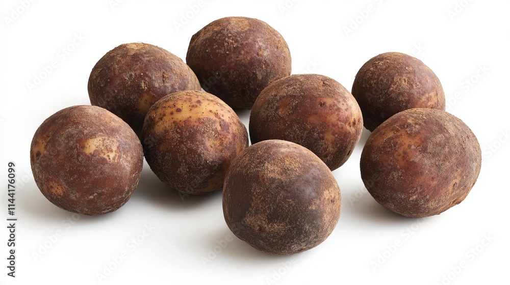 Potatoes (Whole): A group of whole potatoes with a rough brown skin and smooth surface, isolated on a clean white background. Potatoes (Whole): A group of whole potatoes with a rough brown skin and smooth surface, isolated on a clean white background.