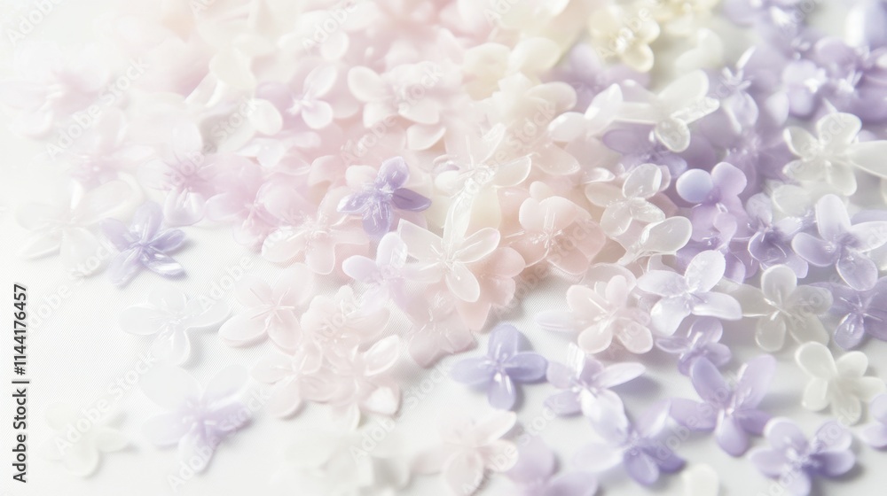 Delicate clusters of pastel pink, ivory, and lavender blossoms scattered gracefully, resembling a dreamy floral arrangement shimmering in soft morning light. Delicate clusters of pastel pink, ivory, and lavender blossoms scattered gracefully, resembling a dreamy floral arrangement shimmering in soft morning light.