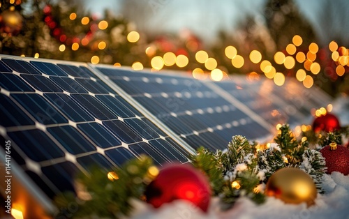 A single solar panels in focus, with a blurred festive background of glowing red and gold ornaments and snow-covered greenery photo