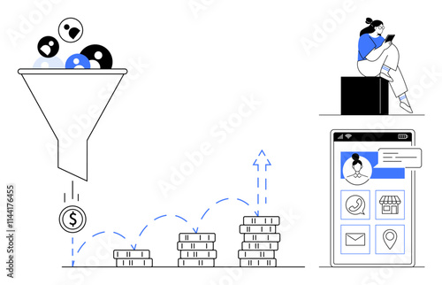 Marketing funnel converting leads into sales with ascending coin stacks. Woman engaging with mobile app notifications. Ideal for digital marketing, sales optimization, business growth, customer