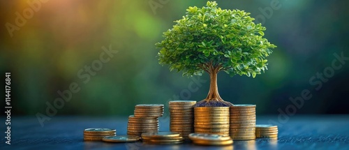 Obraz na płótnie A small tree growing atop stacks of coins signifies financial growth, investment, and savings in a conceptual colorful background w salonie