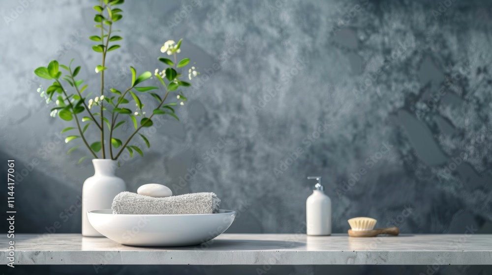 Minimalist bathroom decor with soft lighting and a potted plant Minimalist bathroom decor with soft lighting and a potted plant