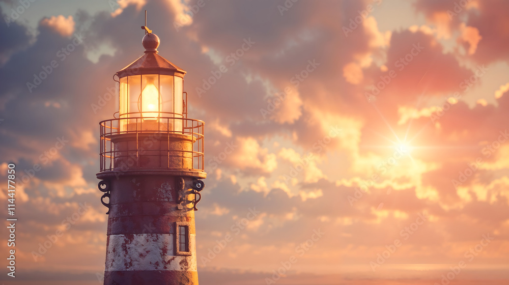 Sunset illumination of a historic lighthouse with clouds and vibrant sky colors Sunset illumination of a historic lighthouse with clouds and vibrant sky colors