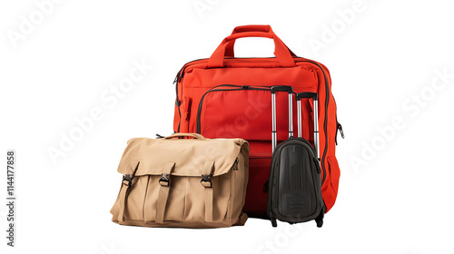 A colorful collection of travel bags including a large red suitcase, a beige messenger bag, and a compact black carry-on