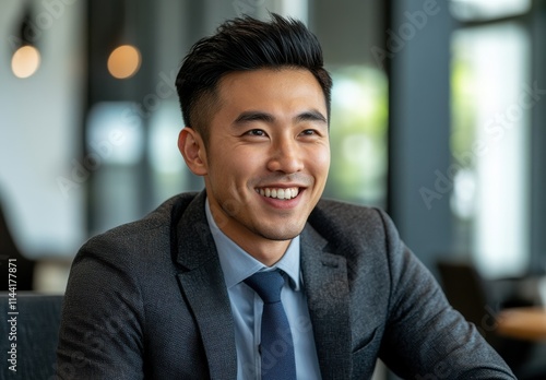 Professional Asian Man in Business Attire Smiling Confidently at Modern Office Desk During Bright Daytime Ambiance with Soft Background Lighting