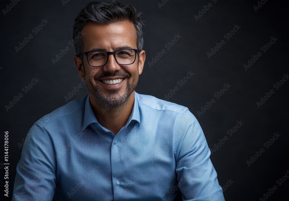 Obraz premium Professional man in a blue shirt smiling confidently against a dark background, portraying warmth and approachability in a studio setting, ideal for business and lifestyle themes.