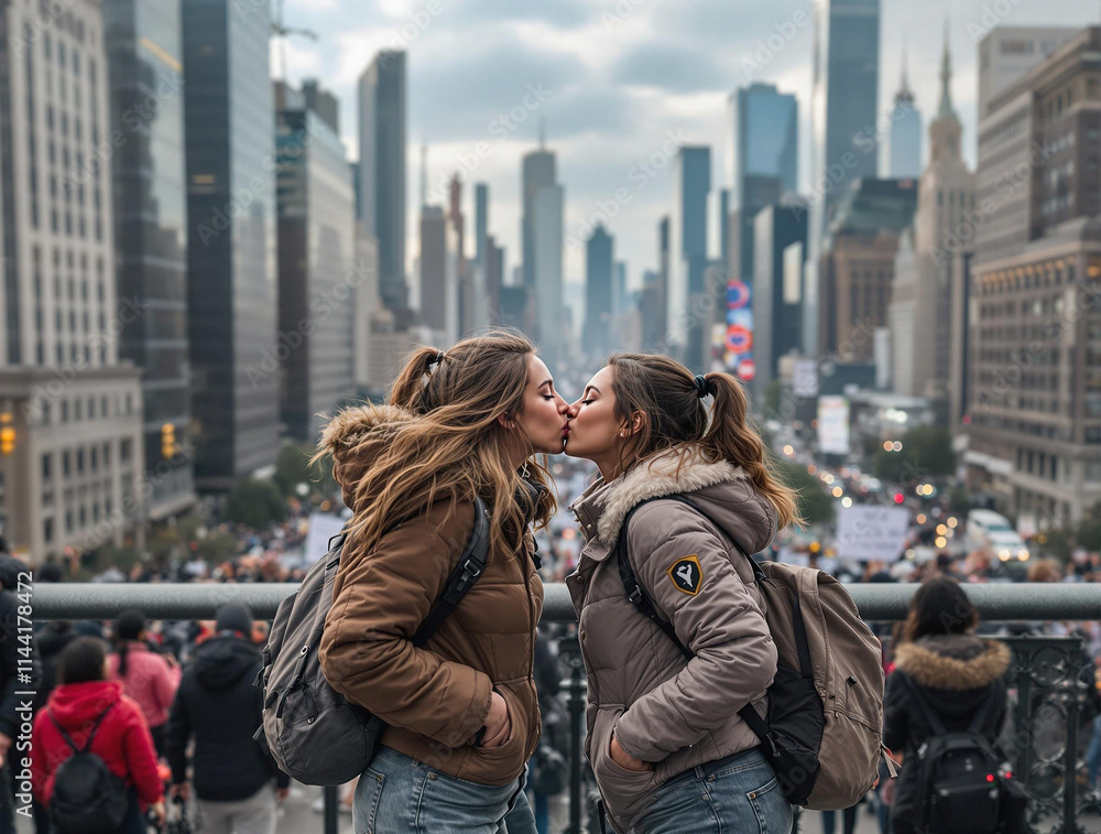 Fototapeta premium Ai generated image showing two lesbian women kissing in the modern city