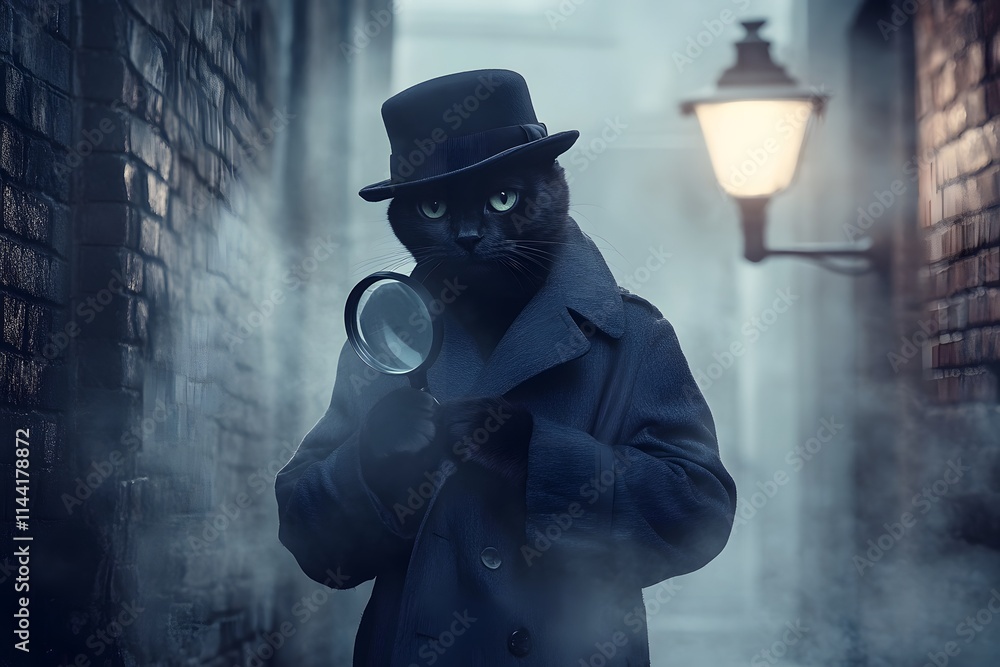 black cat detective wearing a trench coat with a magnifying glass, solving mystery in a foggy alley under a street lamp black cat detective wearing a trench coat with a magnifying glass, solving mystery in a foggy alley under a street lamp