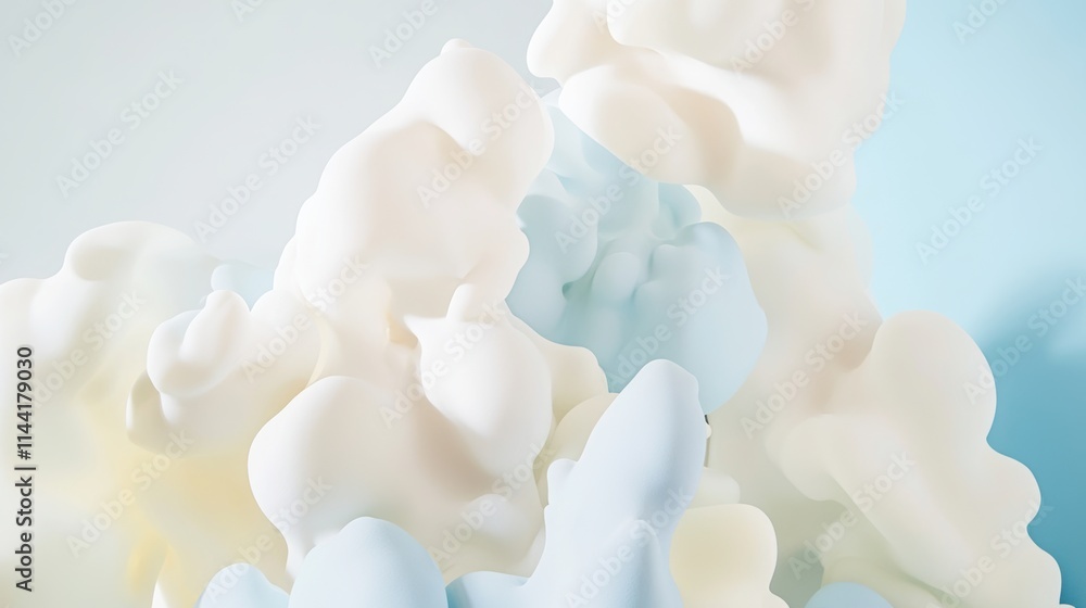 Fototapeta premium Playful formations of creamy white and baby blue cloud-like shapes float against a pastel sky, evoking a whimsical and dreamy atmosphere of lightness and joy