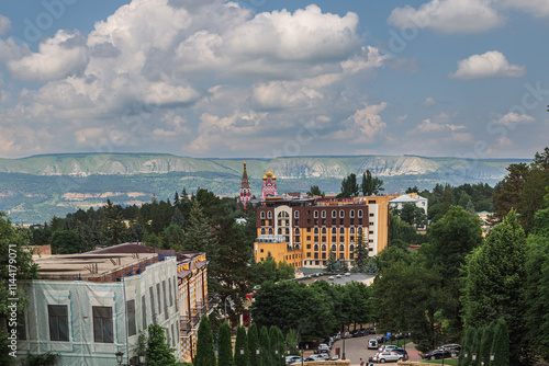 Kislovodsk Kurortny Boulevard aerial panoramic view. Kislovodsk is a spa city in Caucasian Mineral Waters region, Stavropol Krai, Russia. photo