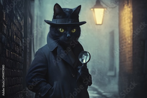 black cat detective wearing a trench coat with a magnifying glass, solving mystery in a foggy alley under a street lamp photo