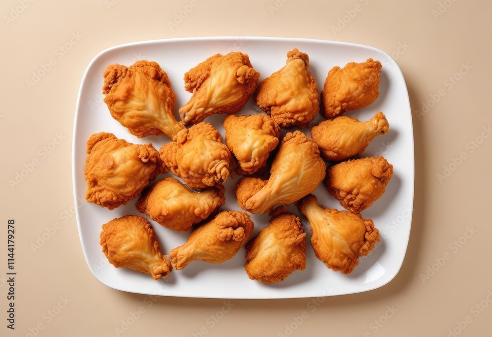 High-resolution top view of fried chicken on a white plate isolated on a white background with sharp focus and natural features. High-resolution top view of fried chicken on a white plate isolated on a white background with sharp focus and natural features.
