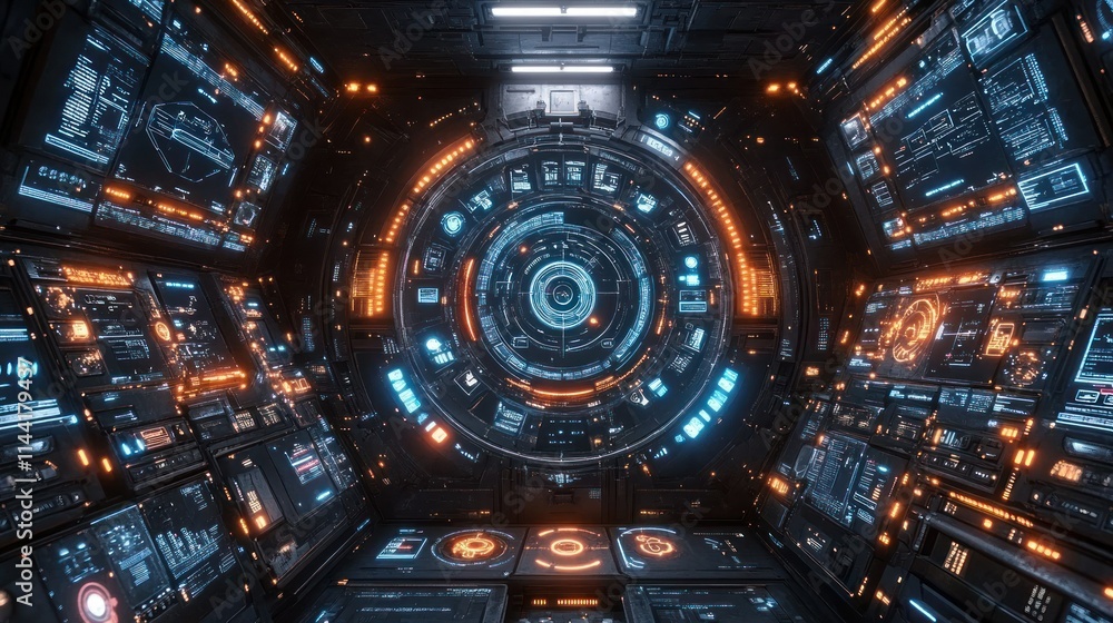 Fototapeta premium Futuristic control room with glowing interfaces.