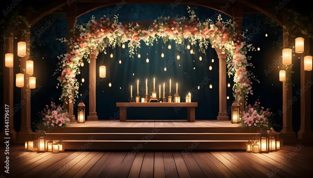 Obraz premium Enchanted Forest Wedding Ceremony Under a Canopy of Lights and Flowers