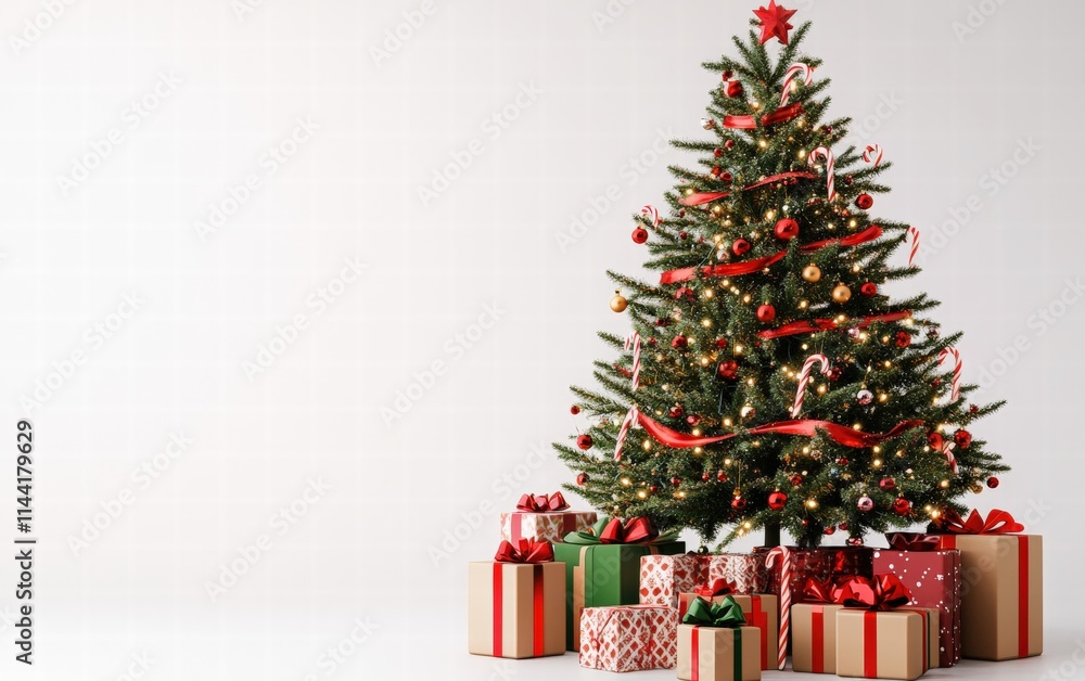 A classic Christmas tree with red garlands, candy canes, and traditional green-and-red-wrapped presents on a pure white background A classic Christmas tree with red garlands, candy canes, and traditional green-and-red-wrapped presents on a pure white background